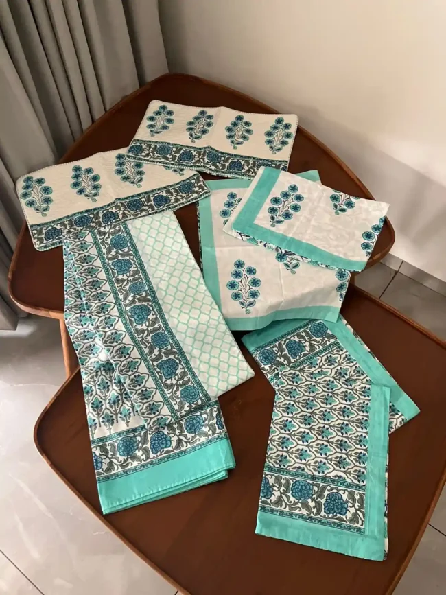 Indigo Bijou - Super King Size Bedsheet with 4 Pillow & 2 Bolster Covers